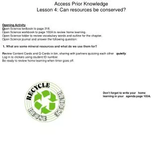 Access Prior Knowledge Lesson 4: Can resources be conserved?