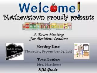Matthewstown proudly presents A Town Meeting For Resident Leaders Meeting Date : Thursday, September 27, 2012 Town Le