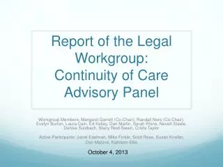 Report of the Legal Workgroup: Continuity of Care Advisory Panel