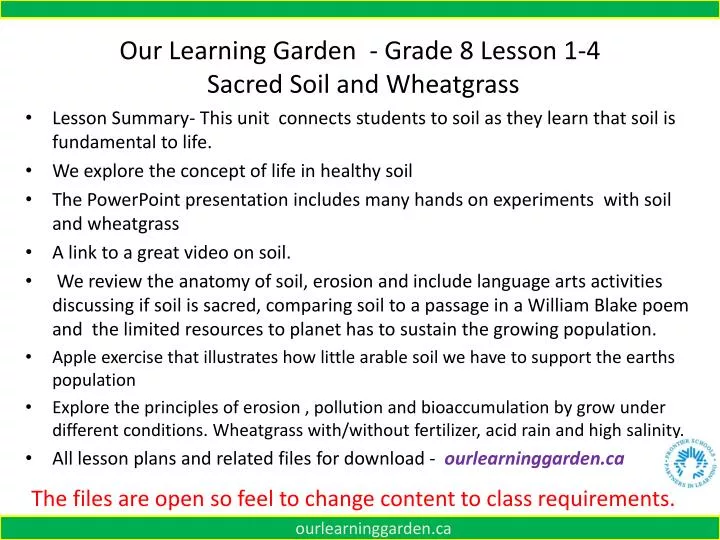our learning garden grade 8 lesson 1 4 sacred soil and wheatgrass