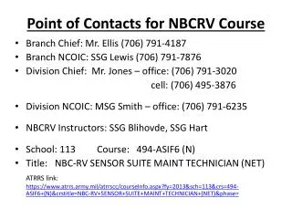 Point of Contacts for NBCRV Course