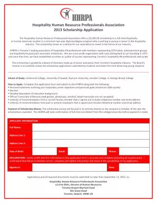Hospitality Human Resource Professionals Association 2013 Scholarship Application