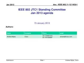 IEEE 802 JTC1 Standing Committee Jan 2013 agenda