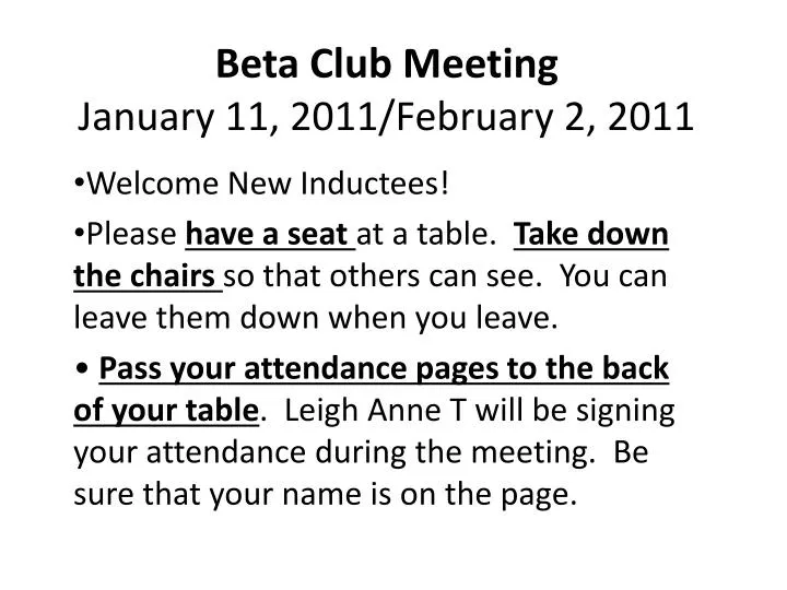 beta club meeting january 11 2011 february 2 2011