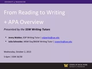 From Reading to Writing + APA Overview Presented by the SSW Writing Tutors Jenny Walden , EDP Writing Tutor | edpwrit