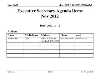 Executive Secretary Agenda Items Nov 2012