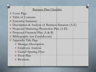 Business Plan Checklist Cover Page Table of Contents Executive Summary Description &amp; Analysis of Business Situati