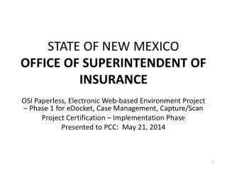 STATE OF NEW MEXICO OFFICE OF SUPERINTENDENT OF INSURANCE