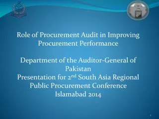 Role of Procurement Audit in Improving Procurement Performance Department of the Auditor-General of Pakistan