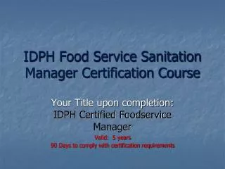 IDPH Food Service Sanitation Manager Certification Course