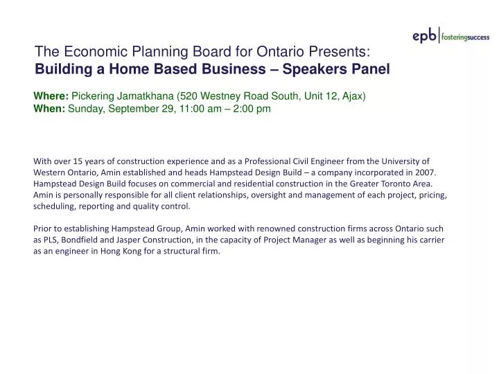 the economic planning board for ontario presents building a home based business speakers panel