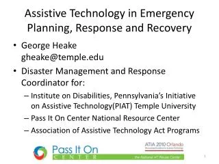 Assistive Technology in Emergency Planning, Response and Recovery