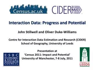 Interaction Data: Progress and Potential John Stillwell and Oliver Duke-Williams Centre for Interaction Data Estimation