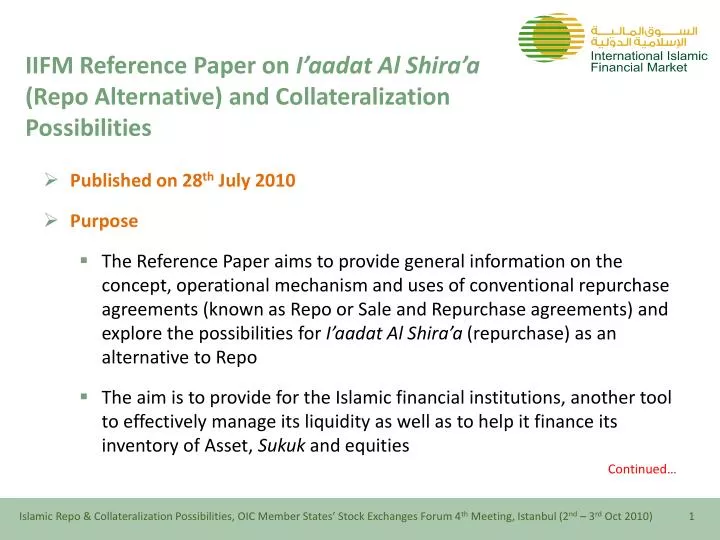 iifm reference paper on i aadat al shira a repo alternative and collateralization possibilities