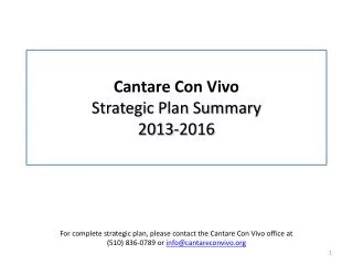 Cantare Con Vivo Strategic Plan Summary 2013-2016
