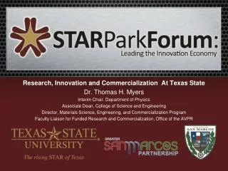 Research, Innovation and Commercialization At Texas State Dr. Thomas H. Myers Interim Chair. Department of Physics