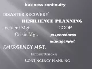 b usiness continuity Disaster Recovery RESILIENCE PLANNING Incident Mgt.				 COOP Crisis Mgt.	 preparedness 			 m