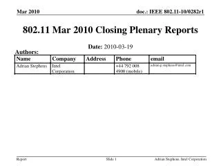 802.11 Mar 2010 Closing Plenary Reports