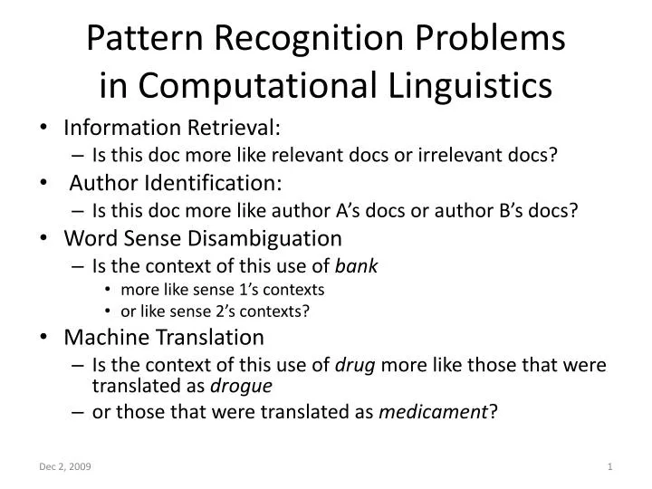 pattern recognition problems in computational linguistics