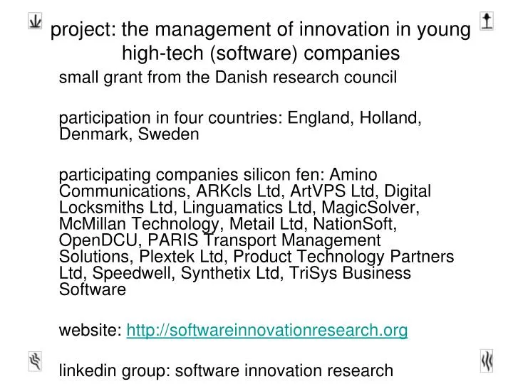 project the management of innovation in young high tech software companies
