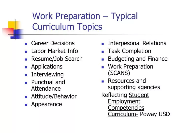 work preparation typical curriculum topics
