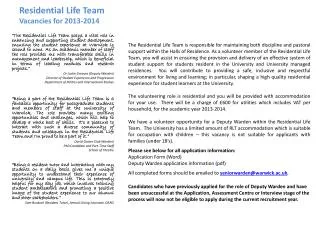 Residential Life Team Vacancies for 2013-2014