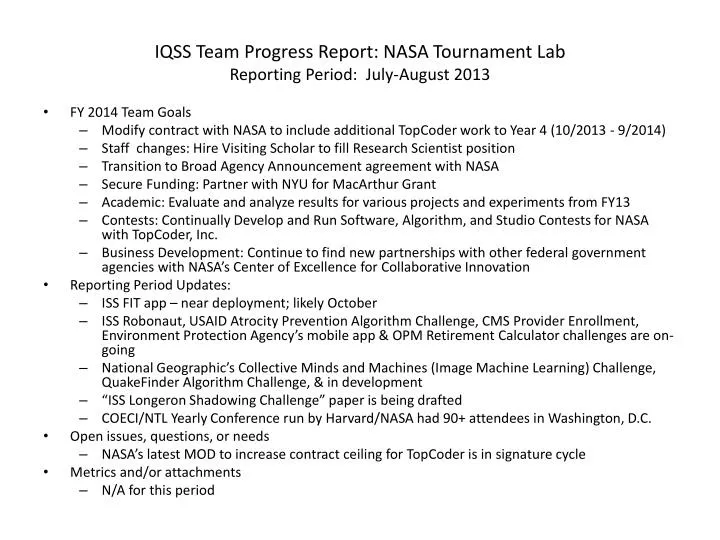 iqss team progress report nasa tournament lab reporting period july august 2013