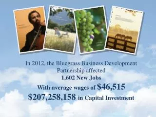 In 2012, the Bluegrass Business Development Partnership affected 1,602 New Jobs With average wages of $46,515 $207,258,