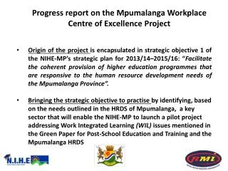 Progress report on the Mpumalanga Workplace Centre of Excellence Project