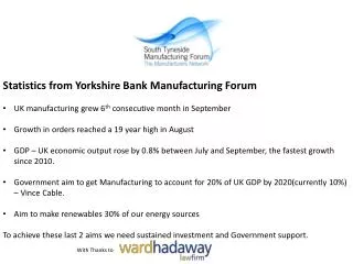 Statistics from Yorkshire Bank Manufacturing Forum UK manufacturing grew 6 th consecutive month in September