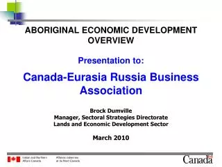 ABORIGINAL ECONOMIC DEVELOPMENT OVERVIEW Presentation to: Canada-Eurasia Russia Business Association