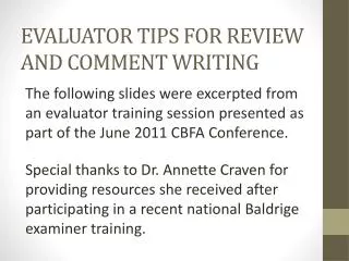 EVALUATOR TIPS FOR REVIEW AND COMMENT WRITING
