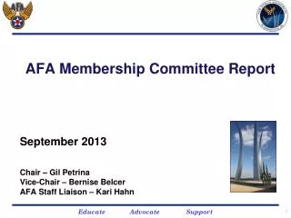 AFA Membership Committee Report September 2013 Chair – Gil Petrina Vice-Chair – Bernise Belcer AFA Staff Liaison – Kari