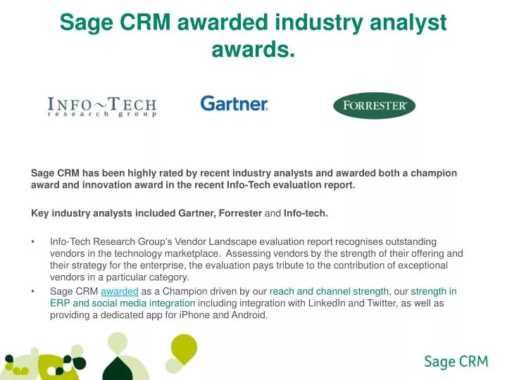 sage crm awarded industry analyst awards
