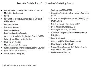 Potential Stakeholders for Education/Marketing Group