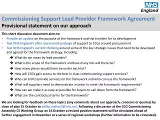 Commissioning Support Lead Provider Framework Agreement Provisional statement on our approach