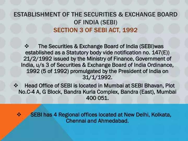 establishment of the securities exchange board of india sebi section 3 of sebi act 1992