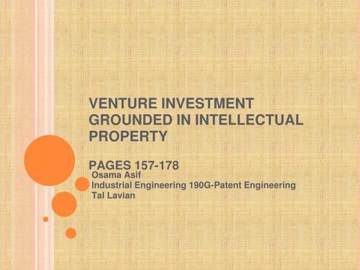 venture investment grounded in intellectual property pages 157 178