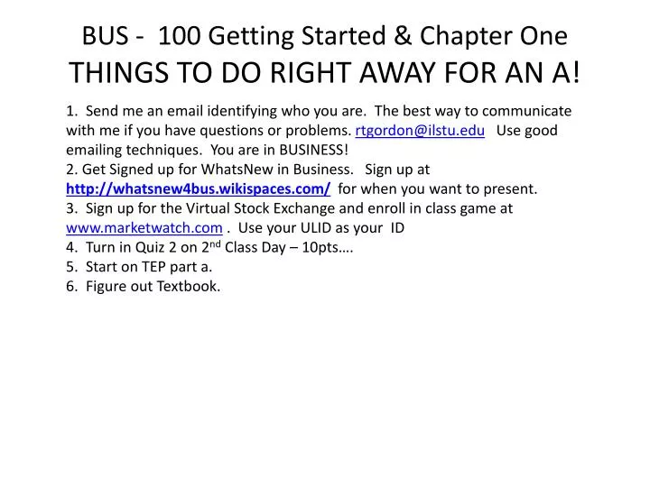bus 100 getting started chapter one things to do right away for an a