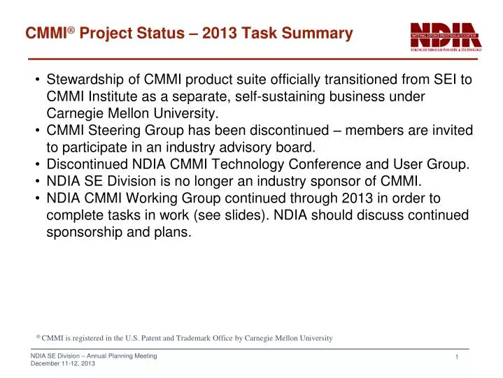 cmmi project status 2013 task summary