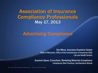 Association of Insurance Compliance Professionals May 17, 2013