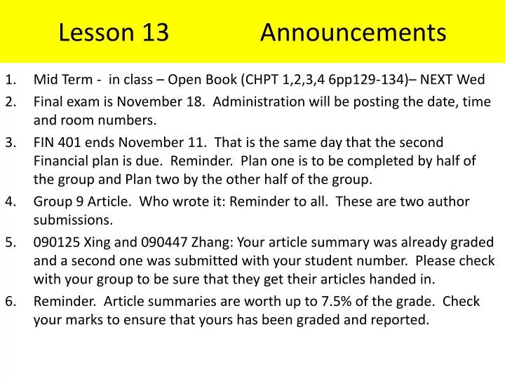 lesson 13 announcements