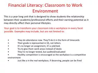 Financial Literacy: Classroom to Work Environment