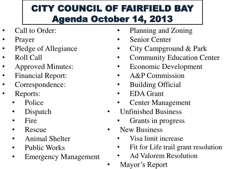 city council of fairfield bay agenda october 14 2013