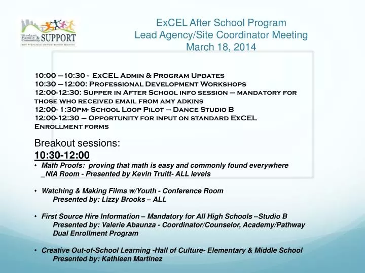 excel after school program lead agency site coordinator meeting march 18 2014