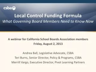 Local Control Funding Formula What Governing Board Members Need to Know Now