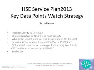 HSE Service Plan2013 Key Data Points Watch Strategy