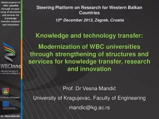 Steering Platform on Research for Western Balkan Countries 12 th December 2013, Zagreb, Croatia Knowledge and technolog