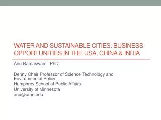 Water and Sustainable Cities: Business Opportunities in the USA, China &amp; India