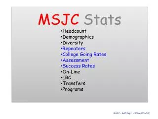 MSJC Stats Headcount Demographics Diversity Repeaters College Going Rates Assessment Success Rates On-Line LRC Transfers